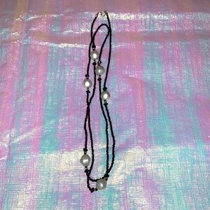 Black beaded faux pearl beaded long necklace
